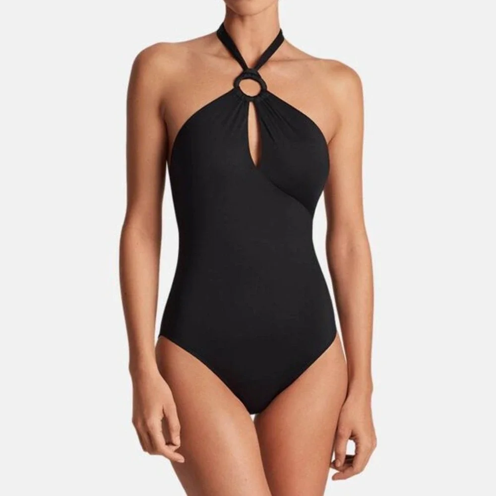 Lauren Ralph Lauren Black Halter One Piece Swimsuit Ruched Keyhole Recycled NEW